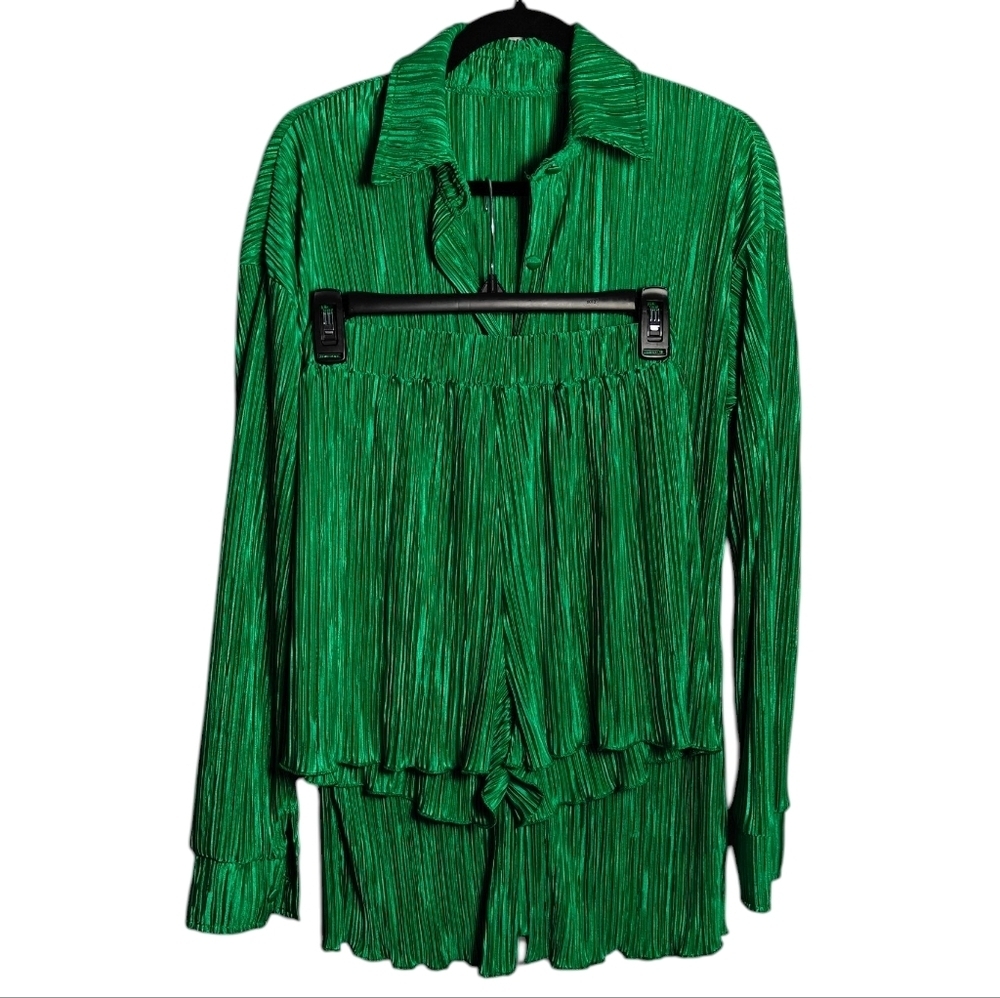 Oversized 2piece Pleated Long Sleeve Button Blouse Top Wide Leg Short Set Size S